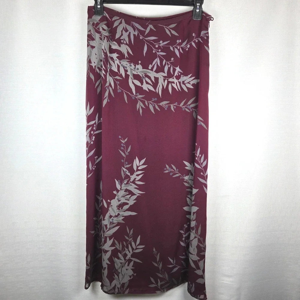 Ann Taylor Burgundy Floral Print Maxi Skirt Size 14 Zipper Lined Side Slit Flowy